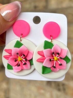 Pink Floral Polymer Clay Drop Earrings